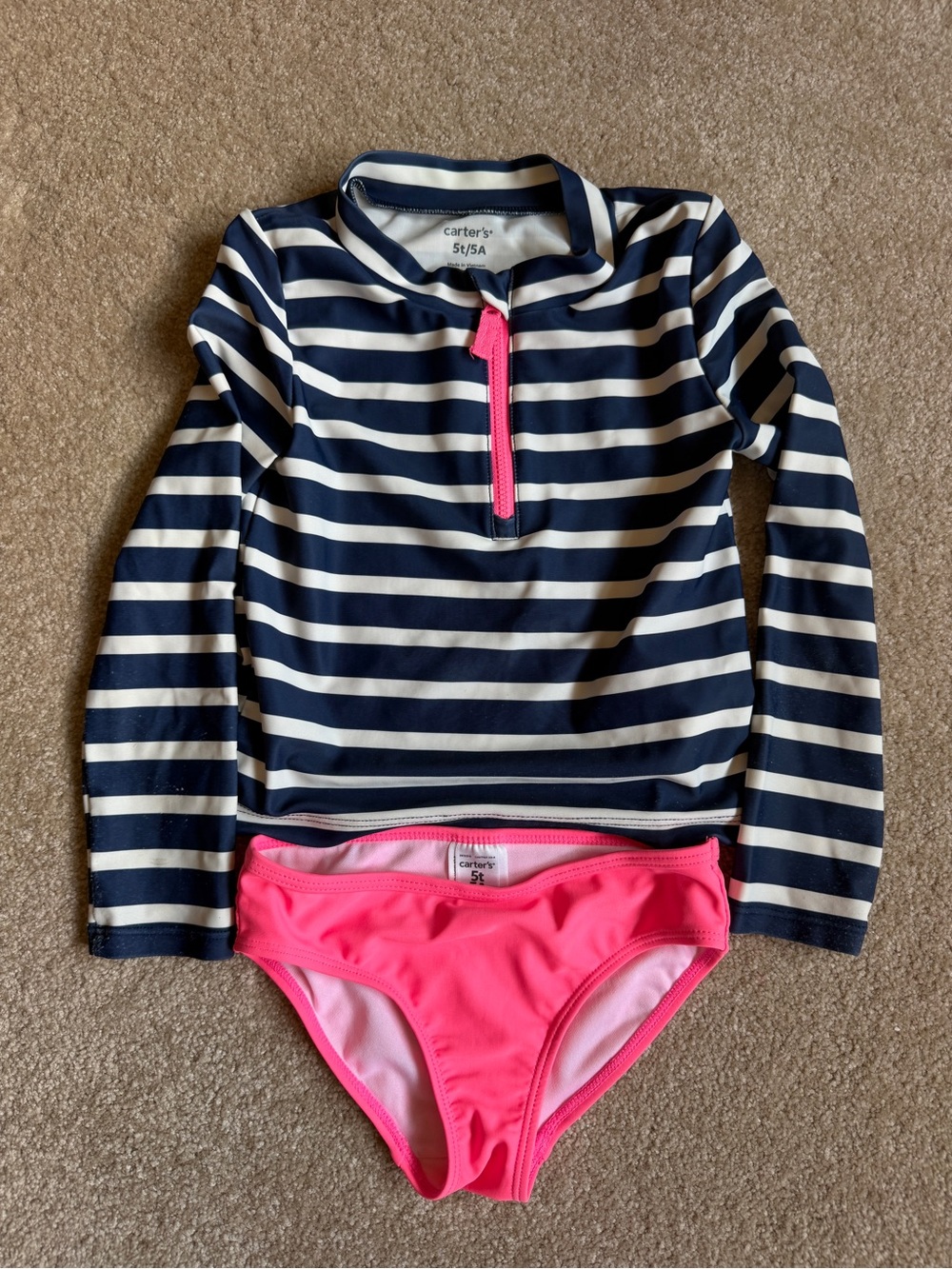 Carter's Navy and White Striped Rashguard with Hot Pink Bottoms